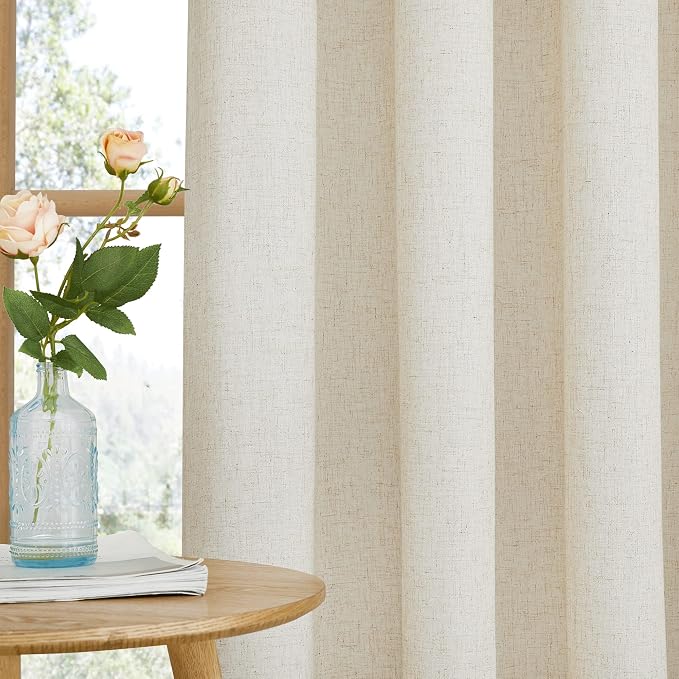 NICETOWN Natural Linen Bedroom Curtains 102 inches Long, Rod Pocket & Back Tab Thick Flax Window Treatments Privacy Assured with Light Filtering for Living Room, W55 x L102, 2 Panels