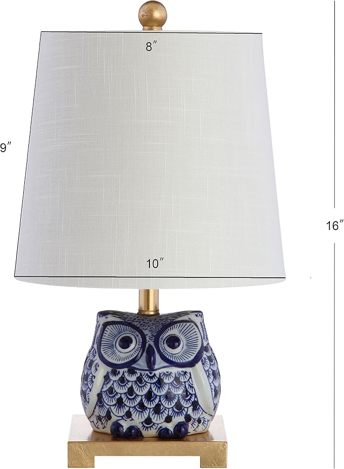 JONATHAN Y Justina Owl Mini Table Lamp 16" Ceramic, Blue/White, Set of 2