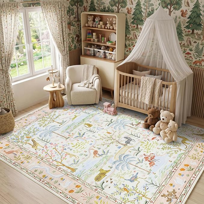 Washable Area Rug 5x7 Blush Animal Print Rugs for Nursery Non Slip Stain Resistant Forest Fairy Tale Throw Carpet Low Pile Whimsical Safari Area Rugs for Entryway Girls Bedroom Dining Room, PeachBlush