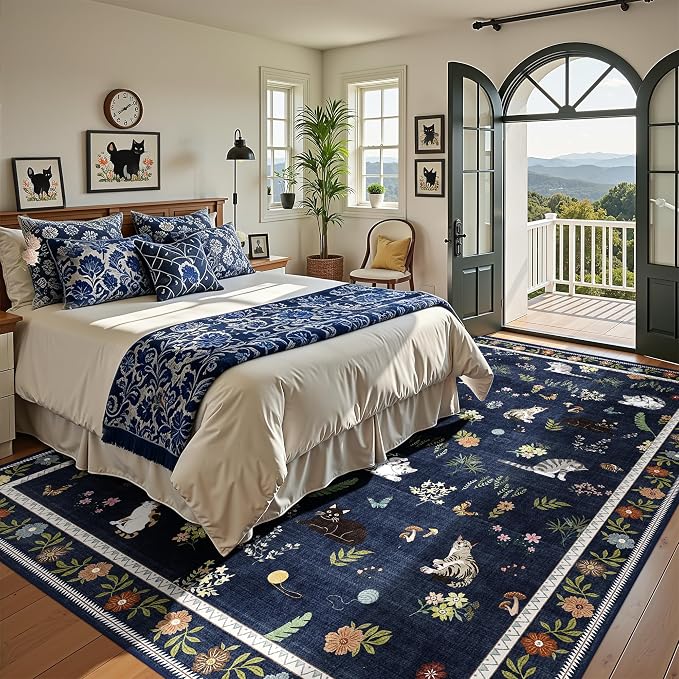 AIMPEAK Large 8x10 Washable Area Rug - Non Slip Low Pile Cat Floral Vintage Boho Large Carpet for Living Room, Bedroom, Farmhouse, Dining Room, Nursery, Girls Room, Kids Playroom, Navy Blue Multi