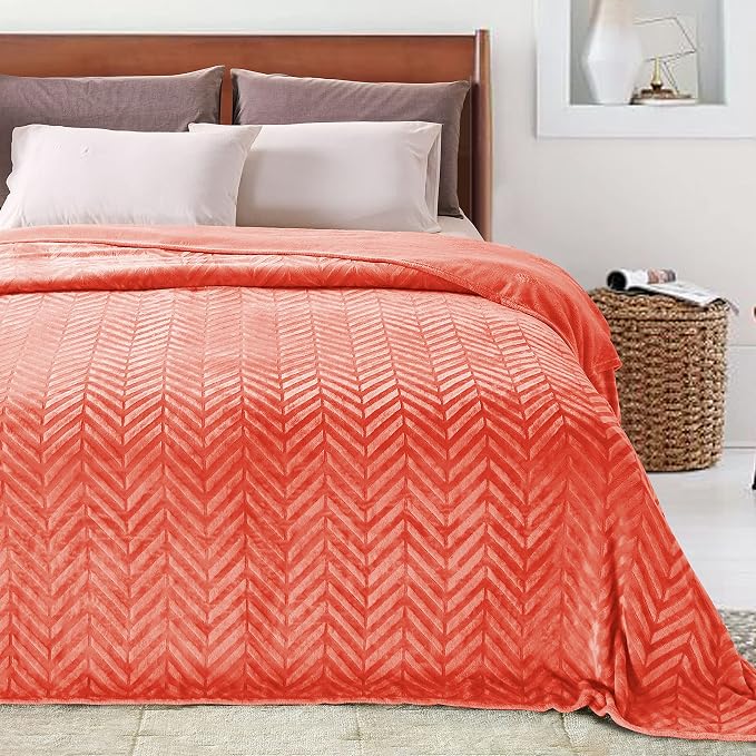 Whale Flotilla Flannel Fleece Bed Blanket Twin XL Size, Coral | Lightweight Breathable Soft Bedspread, Plush Fluffy Coverlet Chevron Design Decorative Blanket for All Season, 90x66 Inch