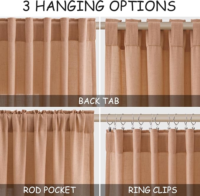 Peach Quartz Curtains 90 Inches Long 2 Panel Set Back Tab Rod Pocket Linen Blend Bohemian Semi Sheer Light Filtering Neutral Decor for Relaxing Bedroom and Charming Living Room 52x90