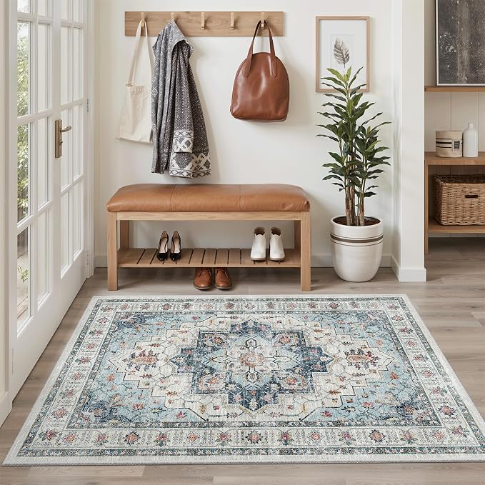 Madane Area Rug 3x5, Washable Vintage Entry Rugs for Bedroom, Blue | Vintage Entryway Bedroom Non Slip Door Mat Indoor Entrance, Kitchen Runner Living Room Laundry Playroom Soft Floor Carpets