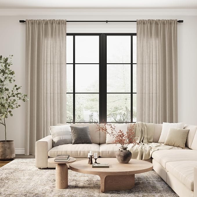 Cobblestone Linen Curtains 102 Inches Long Rod Pocket Semi Sheer Dining Room Cozy Bedroom Decor Cotton Look Country Rustic Farmhouse Boho Curtains 2 Panel Set,52x102