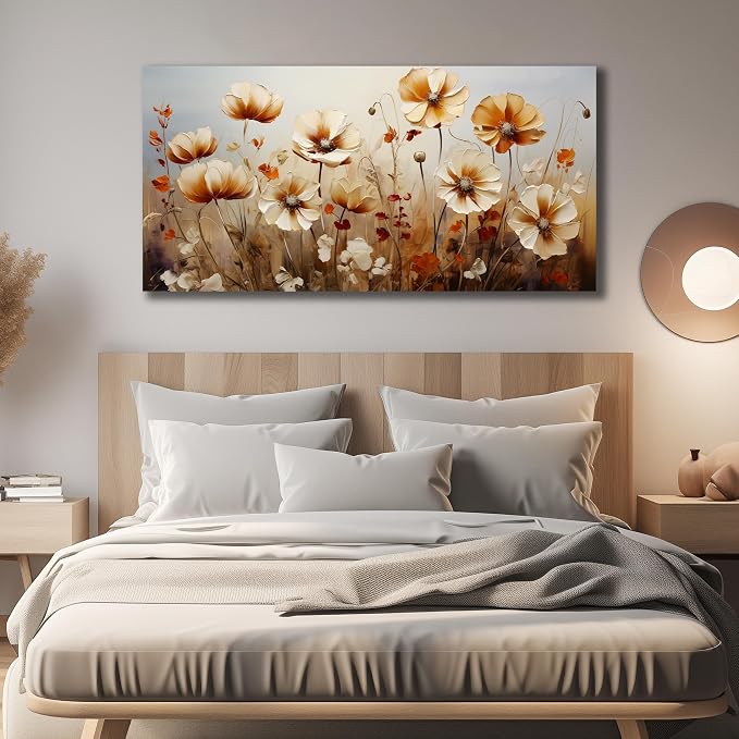 DNIEOTU Large Flower Wall Art for Living Room, Floral Canvas Wall-Decor for Bedroom, Beige and Brown Picture Prints for Hallway Office, Size 59 x 29 Inches