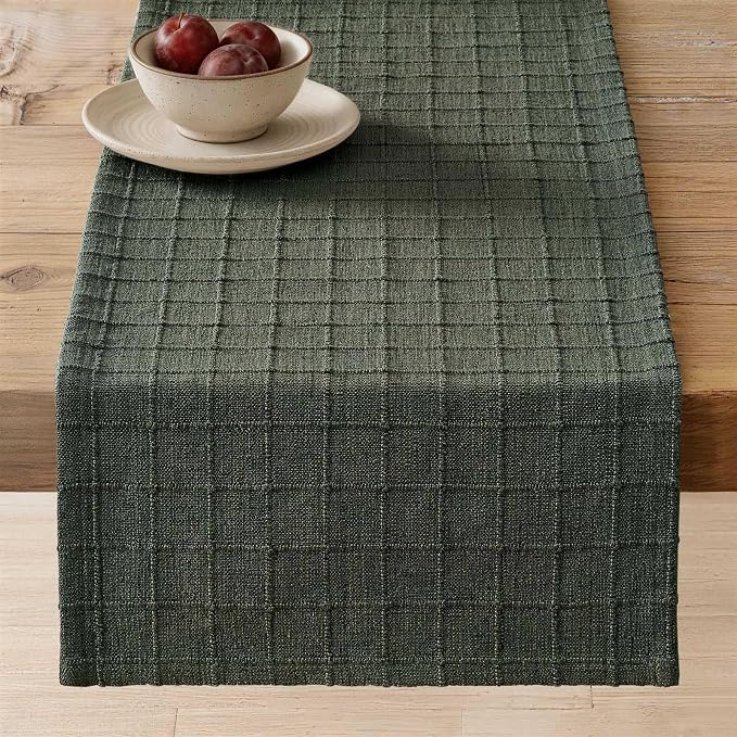 ZeeMart Artisanal Grid Linen Table Runner, 13x108 Inches Army Green | Heavy Textured, Durable Thick Fabric, Farmhouse Handwoven Feel Linen Runner, Easy Care Table Decor for Kitchen Dining Room