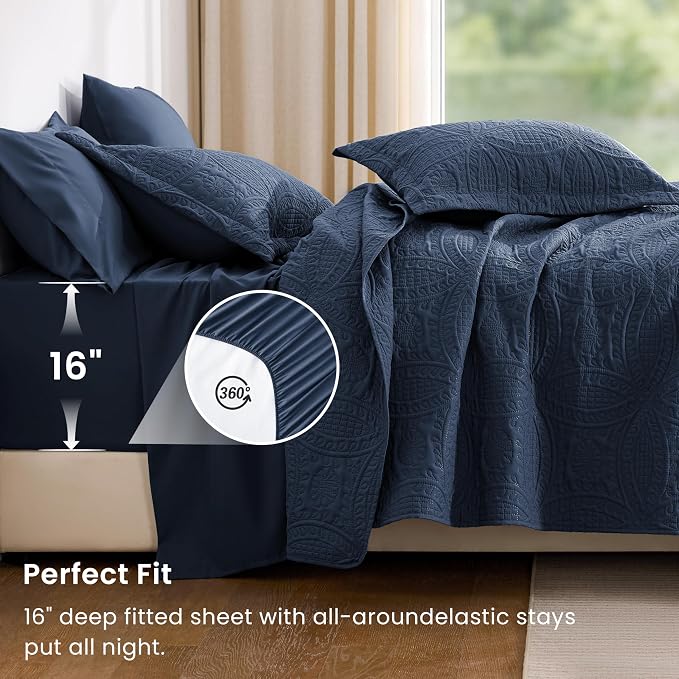 Love's cabin Queen Quilt Set Navy, Bed in a Bag Queen Size Bedding 7 Pieces, Ultrasonic Embossed Coin Pattern Comforter, Lightweight Bedspreads for All Seasons Quilt with Sheets, Pillowcases & Shams