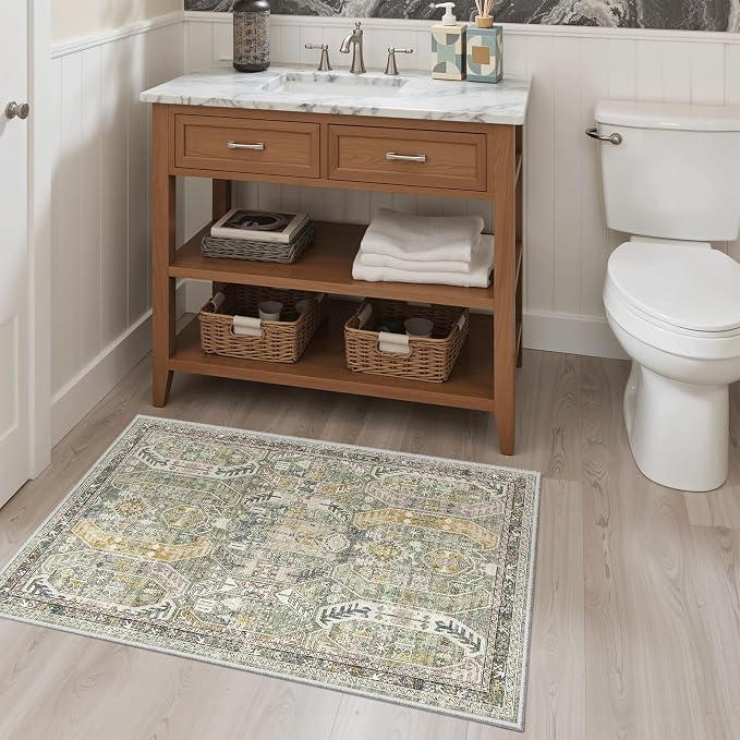 Madane Washable Area Rug 2x3 Small Entryway Rugs Non-Slip, Green/Gold | Vintage Stain-Resistant Door Mat Indoor Entrance, Low Pile Floor Carpet for Inside Front Bedroom Kitchen Entry Laundry, Stair