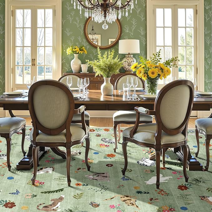 AIMPEAK Large Green 8x10 Washable Area Rug - Non Slip Low Pile Cat Floral Vintage Boho Large Carpet for Living Room, Bedroom, Farmhouse, Dining Room, Nursery, Girls Room, Kids Playroom, Green Multi
