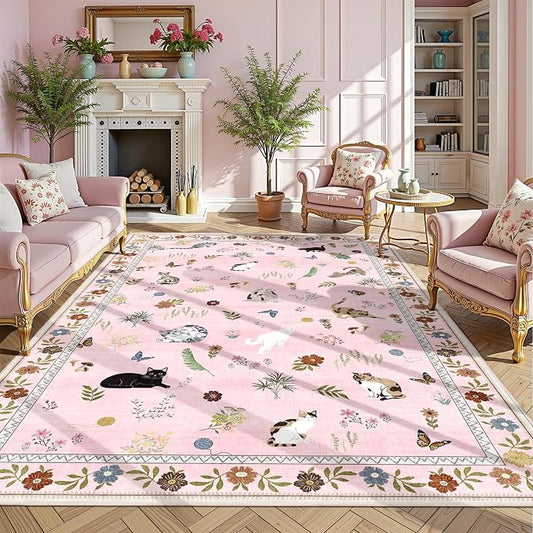 AIMPEAK Pink 6x9 Washable Area Rug - Non Slip Low Pile Cat Floral Boho Vintage Carpet for Living Room, Bedroom, Farmhouse, Dining Room, Nursery, Kids Playroom, Pink Multi