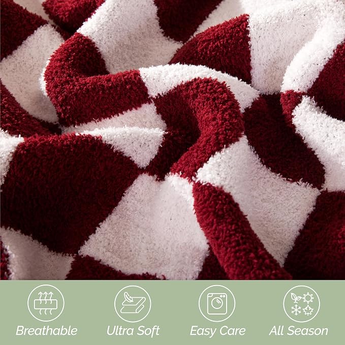 Elegant Comfort Premium Checkered Reversible Throw Blanket - Ultra Soft and Lightweight, Luxury Knitted Breathable Fleece for Couch, Bed, Sofa - Warm Velvet Fluffy Throw, 50 x 70 Inch, Burgundy