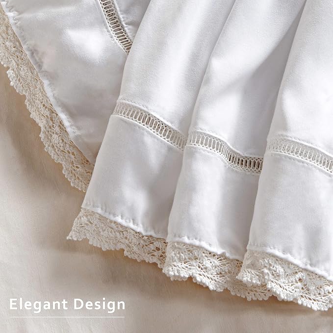 MIYE Wrap Around Ruffled Lace Bed Skirt, Elastic Dust Ruffle with Adjustable Belts, Easy to Put On, Bed Frame Cover, Machine Washable (Floral Lace/White, Full/Twin-15 Drop)