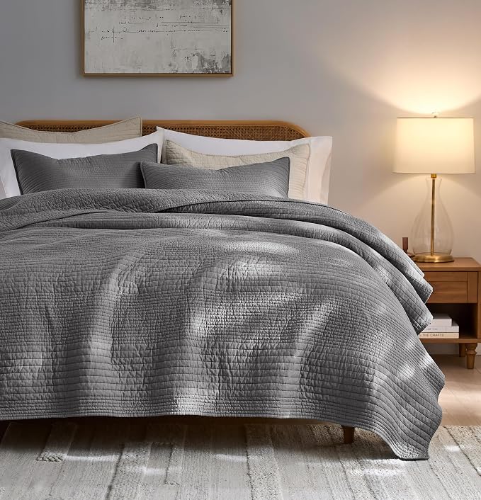 PALASSIO Striped Dark Grey 100% Cotton Quilt California Cal King Size Bedding Sets, Oversized Lightweight Channel Pick Stitch Textured Bedspread Soft Farmhouse Country Coverlet for All Season, 2 Shams