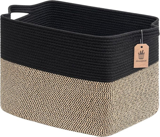 Goodpick 50L Large Woven Storage Basket, 18" x 14" x 12", Black Jute | Decorative Gift Basket for Nursery & Bedroom Organization, Wicker Baskets for Blankets, Pillows & Toys Storage, Rectangle