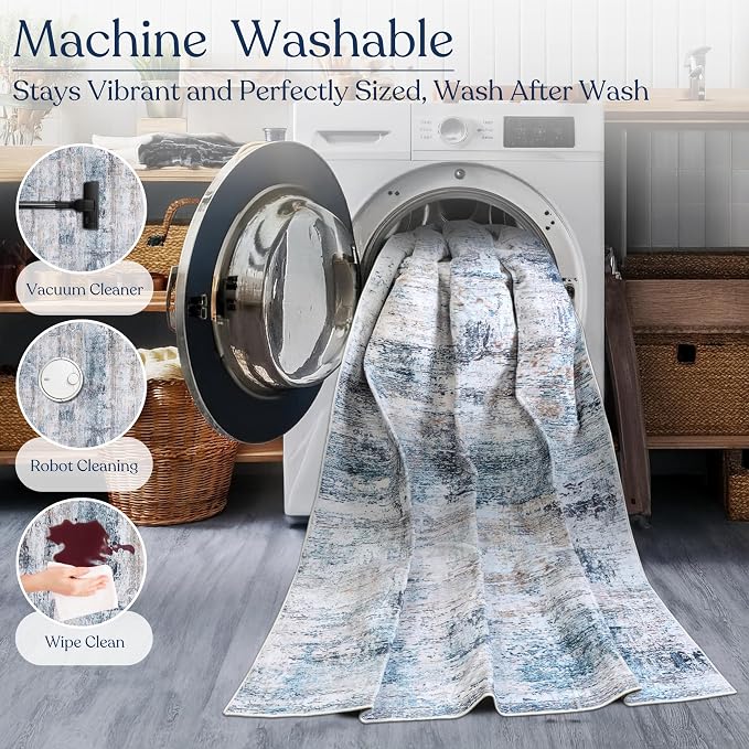 Machine Washable Area Rug, Soft & Durable, Non-Slip, Stain Resistant Rug for Bedroom, Living Room, Dining Room, High Traffic Areas. (Blue/White Abstract, 2.5' X 7')