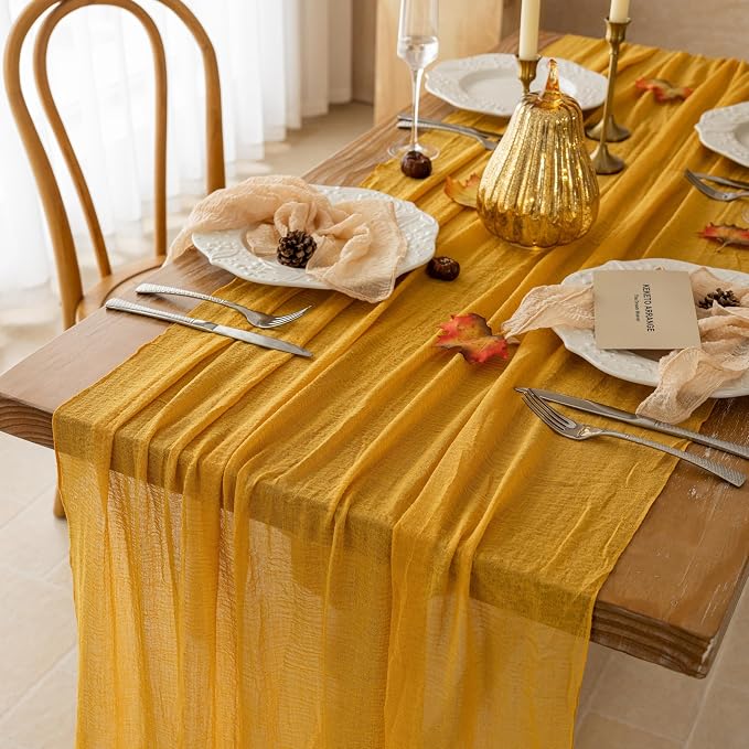6Pcs Fall Golden Cheesecloth Table Runner 120 Inch Party Home Decor | For Thanksgiving Friendsgiving Wedding Bridal Shower Baby Shower Engagement Party 10FT Rustic Boho Home Decorations