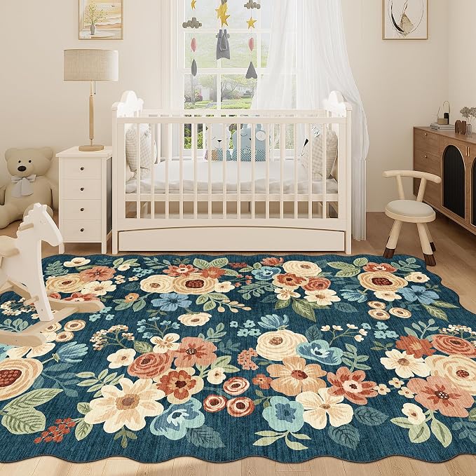 DUKINO 6x9 Area Rugs Floral Washable Living Room Rug Non Slip Prussian Blue | Low Pile, Stain Resistant, Soft Indoor Large Rugs for Bedroom, Dining Room, Kids Playroom, Nursery, Pet Friendly, Home Decor