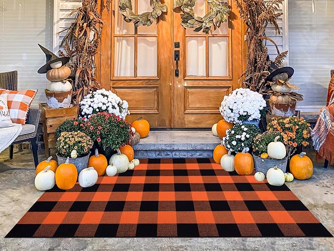 3'x5' Outdoor Rug,Orange and Black Buffalo Plaid Front Porch Rug Farmhouse Cotton Washable Front Door Mat Outdoor for Hallween Mat,Fall,Bedroom,Entryway,Patio