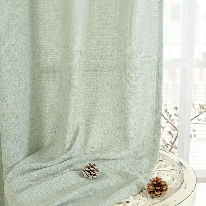YoungsTex Sage Green Linen Curtains 45 Inches Length for Kitchen Window, Textured Semi Sheer Drapes with Bronze Grommet Light Filtering for Bathroom Cafe Bedroom, 42 x 45 Inch, 2 Panels