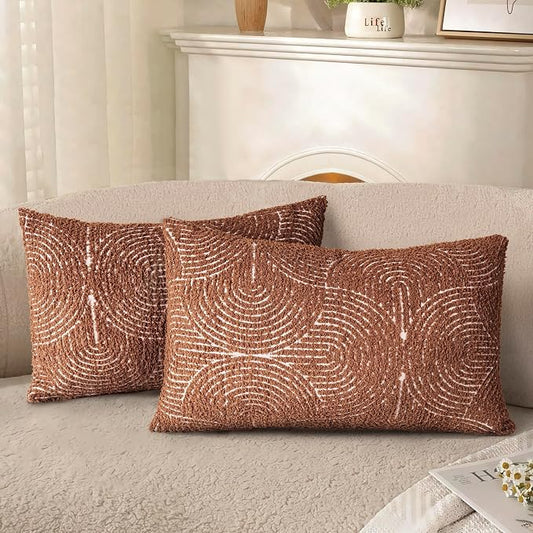 AELS Boho Decorative Textured Lumbar Pillow Covers 12x20, Modern Mid Century Rainbow Tufted Lumbar Pillow Case, Farmhouse Rustic Geometric Woven Cushion Case for Bed Couch Sofa, Burnt Orange