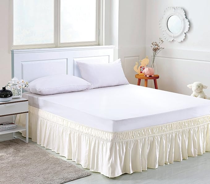 MEILA Wrap Around Elastic Bed Skirt for Queen & King Beds, 16" Drop, Ivory | Three-Side Adjustable Elastic Dust Ruffle, Ruffled Polyester Fabric, Easy to Install, Fade Resistant & Machine Washable