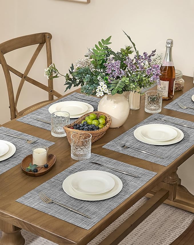 Leetaltree Grey Placemats, Heat Resistant Non-Slip Place mats for Dining Table, Washable Durable PVC Vinyl Woven Table Mats (Set of 16)