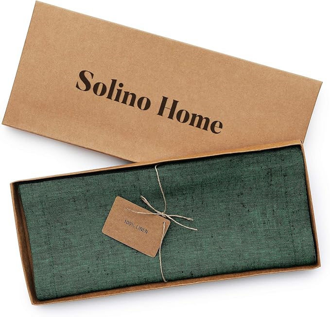 Solino Home 100% Pure Linen Dining Table Runner Green, Athena 14 x 90 in | styles dining tables for meals and celebrations, European flax fibres, easy to care for, Forest Green, OEKO-TEX Certified