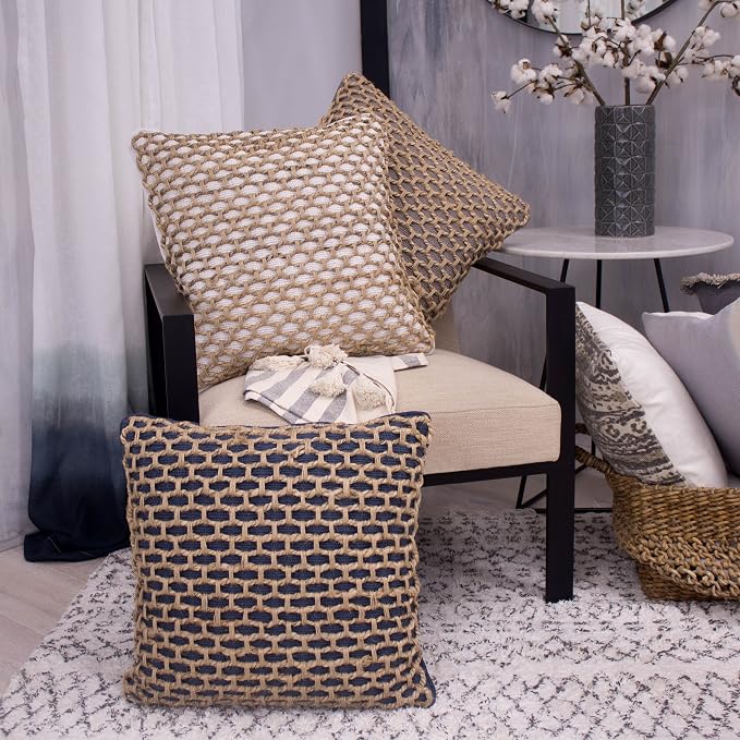 Boho Living Jada Decorative Throw, Includes Accent, Premium Woven Design, Living Room Décor, (1) 20" x 20" Pillow Cover with Insert, Grey