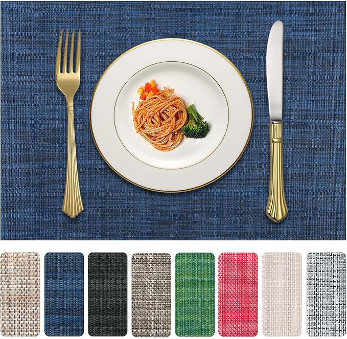 Vinyl Placemats Set of 6, PVC Woven Washable Non-Slip Table Mats, Heat Resistant Wrinkle Free Place Mats for Dining Table, Easy to Clean (6, Navy Blue)