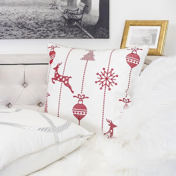 Embroidery White Velvet Throw Pillow Cover, Merry Christmas Series Snow Reindeer Luxury Soft Fuzzy Cozy Warm Slik Gift Square Couch Cushion Pillow Case 20 x 20 Inch, Cover Only