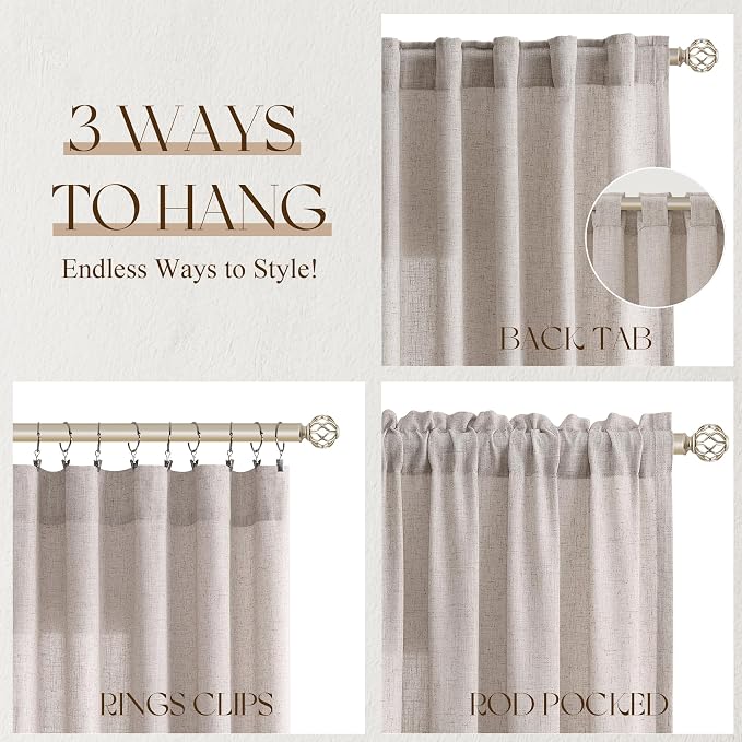 Jowels Oatmeal Linen Curtains 96 Inch Long 2 Panels for Living Room | Light Filtering Semi Sheer Curtain, Back Tab Pocket Pleated Look, Boho Farmhouse Textured Privacy Drapes for Bedroom Window