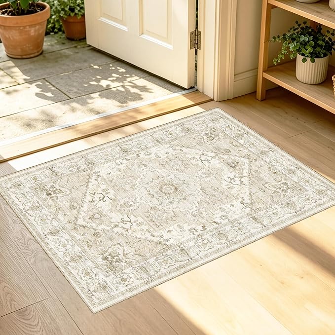 AooHHooA 2x3 Washable Entryway Rug Beige, Soft Stain Resistant 2x3 Boho Rug Vintage Small Rugs for Entryway, Low Pile Lightweight Non-Slip Indoor Door Mat Small Rugs for Bedroom