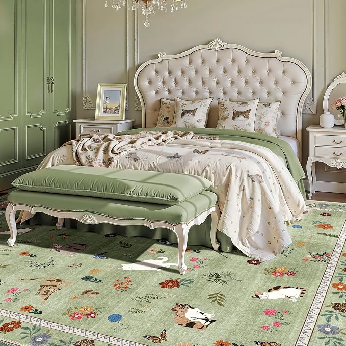 AIMPEAK Large Green 8x10 Washable Area Rug - Non Slip Low Pile Cat Floral Vintage Boho Large Carpet for Living Room, Bedroom, Farmhouse, Dining Room, Nursery, Girls Room, Kids Playroom, Green Multi
