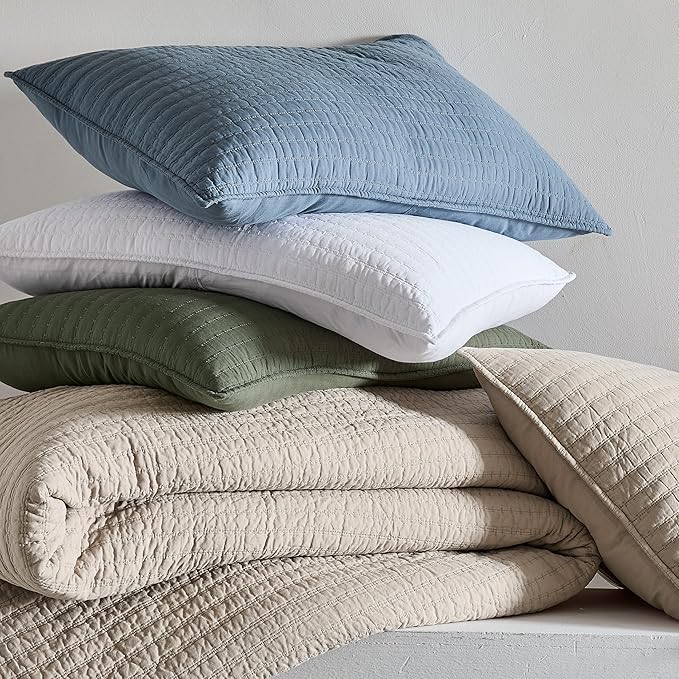 WDCOZY 100% Cotton Queen Size Quilt Set - Blue Striped Pick Stitch Soft Lightweight Bedspread, Textured Like Linen, Farmhouse Country Rustic Coverlet, Shabby Chic Gauze Bedding, 3 Pieces