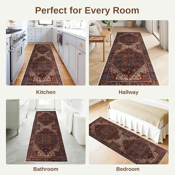 2x6 Rug Runners for Hallways Non Slip, Washable Kitchen Runner Rug | Soft faux wool, machine washable & stain resistant. Non-slip rubber backing, low pile. For hallway, kitchen, bedroom. Red.