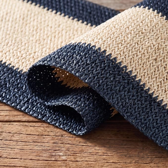 Artoid Mode Blue Paper Woven Farmhouse Stripe Placemats Set of 4,12x18 Inch Seasonal Holiday Table Mats Party Kitchen Dining Decoration