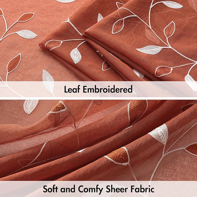 MIULEE Terracotta Sheer Fall Leaf Curtains Burnt Orange 2 Panels 52"x84" | Embroidered Floral Semi Sheer,Rod Pocket,Faux Linen,Short Window Curtains Drapes Set for Kitchen/Bathroom/Cafe