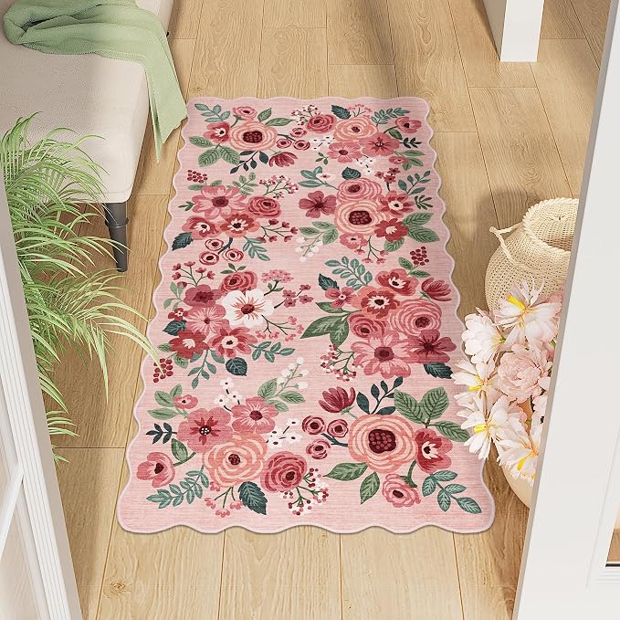 DUKINO 2x4 Rug for Entryway, Floral Washable Kitchen Rugs Non Slip, Pink | Soft, Low Pile, Stain Resistant Throw Runner Rug for Hallway, Bedroom, Bathroom, Laundry, Pet Friendly, Modern Home Decor