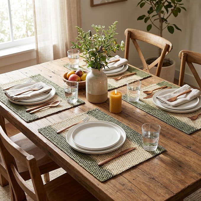 Artoid Mode Dark Green Paper Woven Farmhouse Stripe Placemats Set of 4,12x18 Inch Seasonal Holiday Table Mats Party Kitchen Dining Decoration