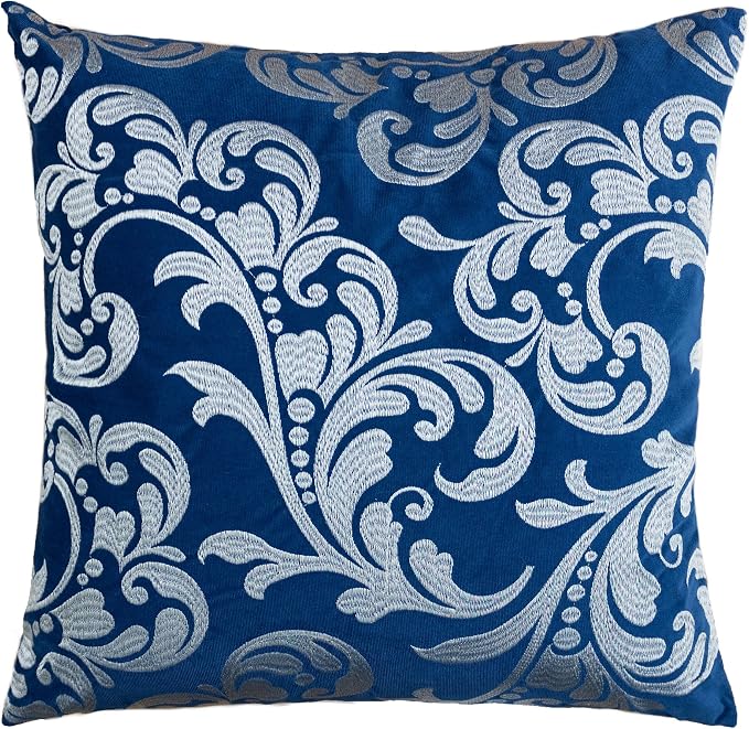 Embroidery Blue Velvet Throw Pillow Cover, Merry Christmas Series Silver Floral Luxury Soft Fuzzy Cozy Warm Slik Gift Square Couch Cushion Pillow Case 20 x 20 Inch, Cover Only