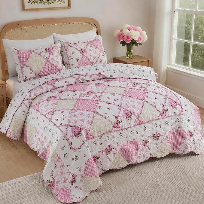 Oversized King Quilt Set Pink Floral Patchwork Alaska King Bedspreads Set | 3-Piece Alaskan King Size Bedding Set 132x120 Rversible Quilted Coverlet Lightweight Comforter Bed Cover with 2 Pillowcase