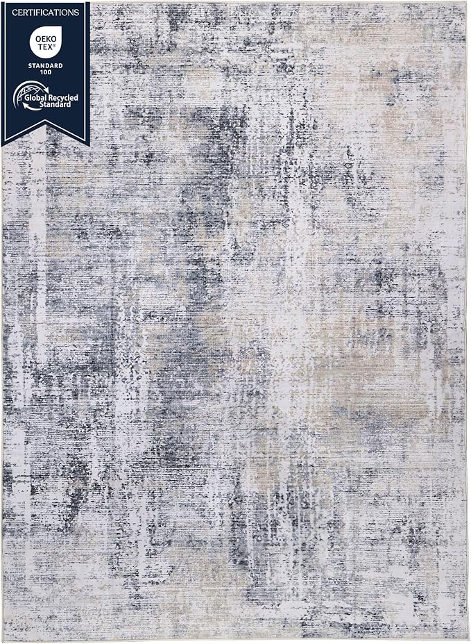 Machine Washable Area Rug, Soft & Durable, Non-Slip, Stain Resistant Rug for Bedroom, Living Room, Dining Room, High Traffic Areas. (Grey/Beige, 6' X 9')