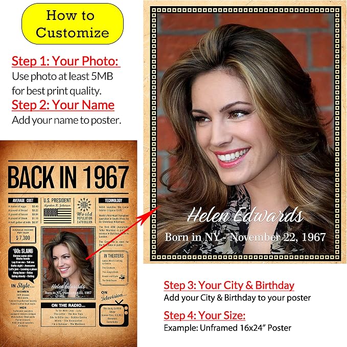 Back in 1967 Poster Sign, Personalized Birthday Gifts Idea, Custom 1967 Historical Birthday Newspaper, Born in 1967 Birthday Party Decorations, Fun Fact for the Day You Were Born, Decor Art Print