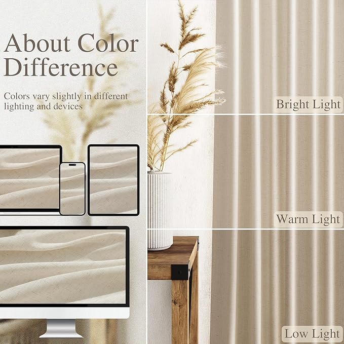 Birch Beige Linen Curtains for Living Room 98 Inches Long Light Filtering Semi Sheer Curtain Back Tab Modern Farmhouse Decor Elegant Luxury Coastal Drapes for Bedroom Dinner Room 52x98, 2 Panels