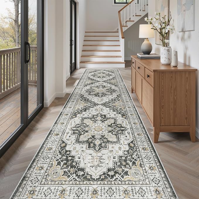 Madane Hallway Runner Rug 3x10 Washable Kitchen Runners 10ft, Black | Vintage Non-Slip Entryway Area Rugs Indoor, Soft Low-Pile Farmhouse Wide Floor Carpet for Bathroom Living Room Bedroom Foyer