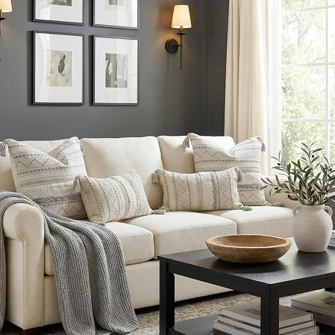 BlissBlush Decorative Lumbar Throw Pillow Covers 12x20 Combo Set of 2 Gray Rectangular Boho Accent Pillowcase Neutral Grey Farmhouse Cushion for Couch Sofa Bedroom Living Home Décor Cover ONLY