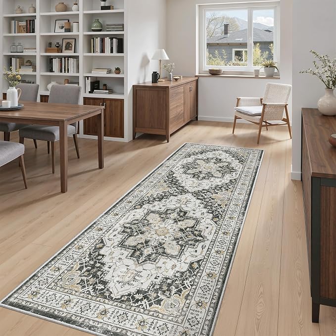 Madane Hallway Runner 3x8, Kitchen Rugs Washable Entry Rug, Black | Vintage Non Slip Entryway Indoor Area Rugs, Soft Low-Pile Farmhouse Wide Carpet Runners for Bathroom Living Room Bedroom
