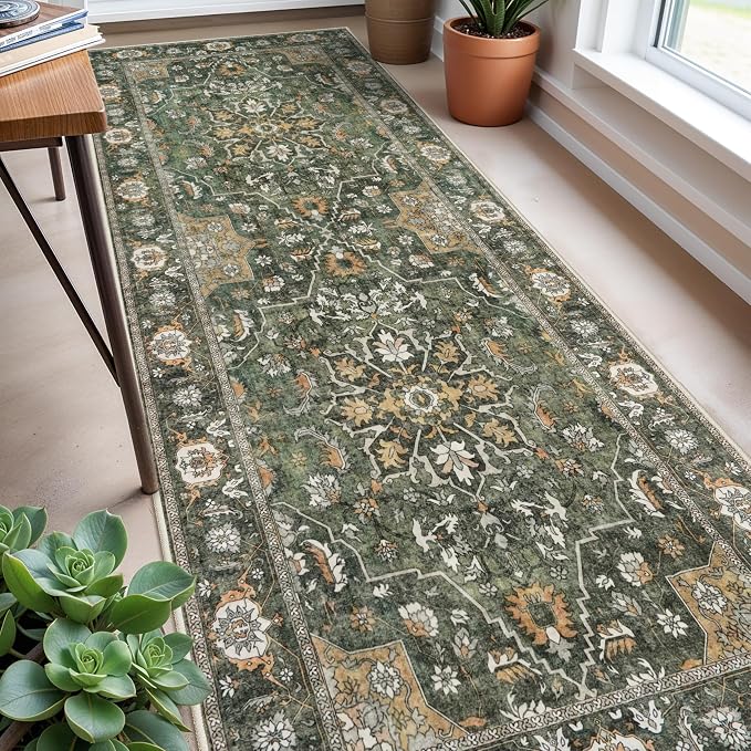 Washable 3x8 Hallway Runner Rug - Kitchen Rugs Ultra Soft Entryway Rug Runner Vintage Floral Floor Mat Non-Slip Low Pile Indoor Farmhouse Carpet for Bathroom Living Room Bedroom (Green,3x8)