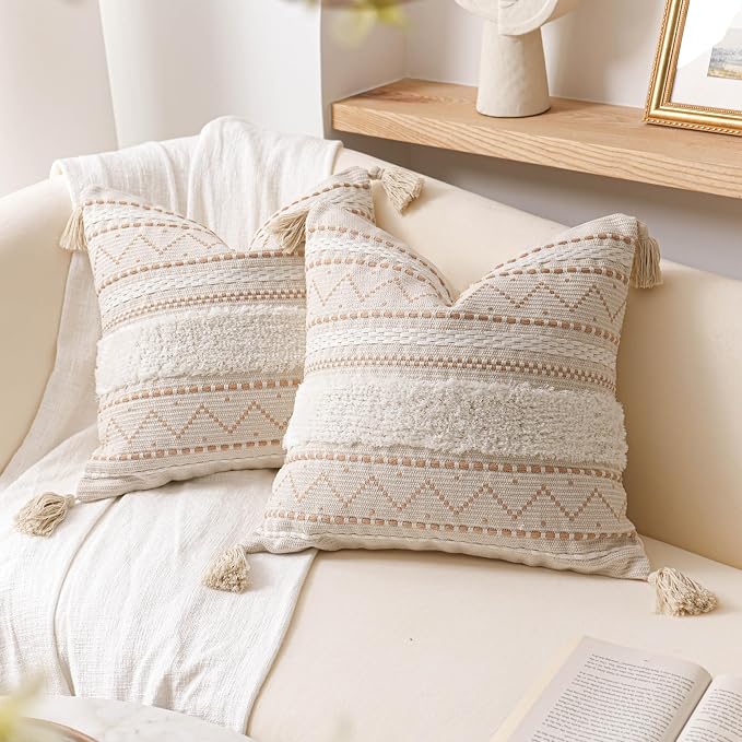 BlissBlush Decorative Throw Pillow Covers 20x20 Combo Set of 2 Square Cream Neutral White Boho Accent Pillowcase Tassels Farmhouse Cushion for Couch Sofa Bedroom Living Room Home Décor Cover ONLY