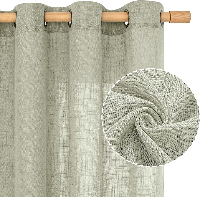 Linen Sheer Curtains for Living Room 84 Inch Length 2 Panels Set | Sage Grey, Light Filtering, Curtains for Bedroom, Neutral Rustic, Farmhouse Boho Panels, Bronze Grommet, 52 x 84 Inch